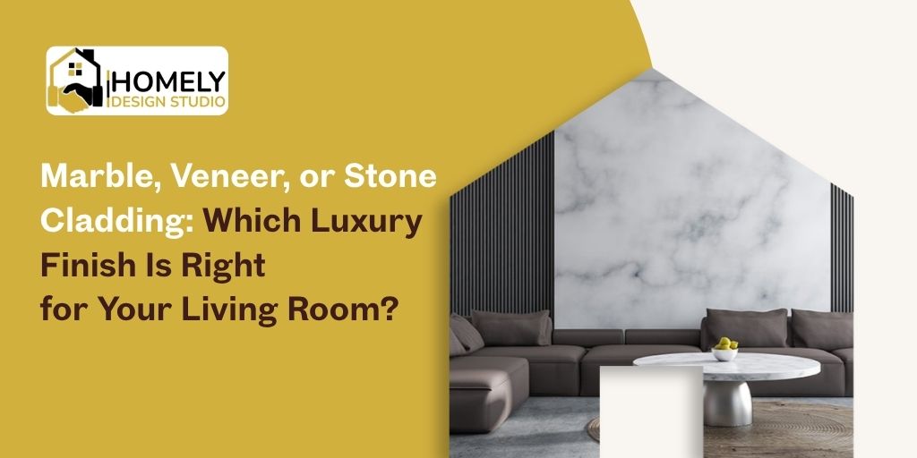Luxury living room interior design in Mumbai with marble and stone wall cladding
